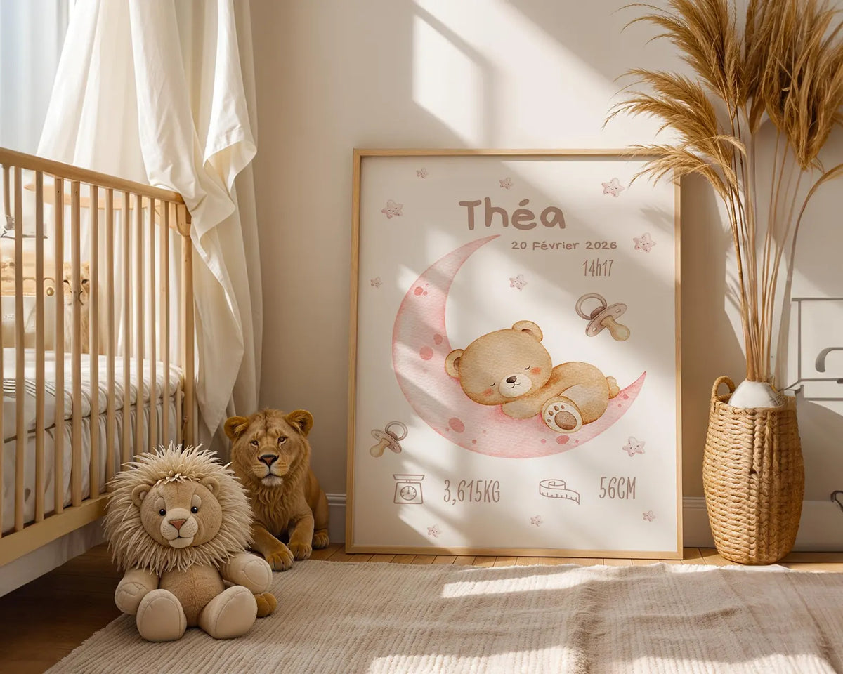 Affiche Naissance Ourson Lune Personnalisable - Rose