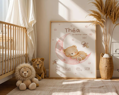 Affiche Naissance Ourson Lune Personnalisable - Rose