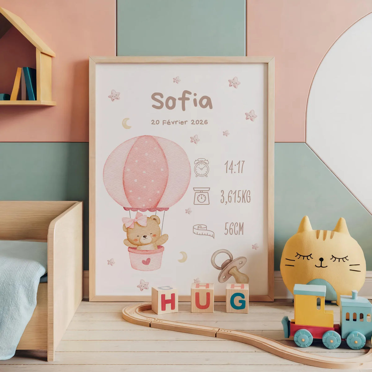 Affiche Naissance Ourson Montgolfière Personnalisable - Rose